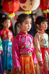 Fototapeta premium A group of children in colorful Chinese New Year costumes, preparing for their school