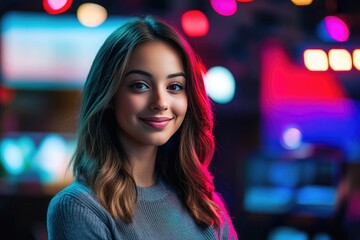 Obraz premium Confident Female News Anchor in a Professional Studio Setting