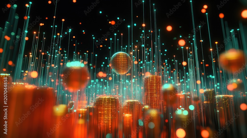 Poster a close-up of glowing financial data points and stock charts, symbolizing the fast-moving world of s