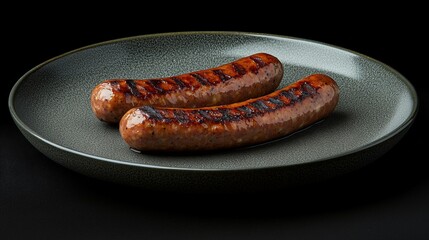 A plate of grilled sausage on black background