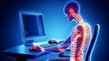 Person with Poor Posture at Desk, Focused on Hunched Back and Tense Neck, Symbolizing Negative Impact on Productivity and Health in Office Environment