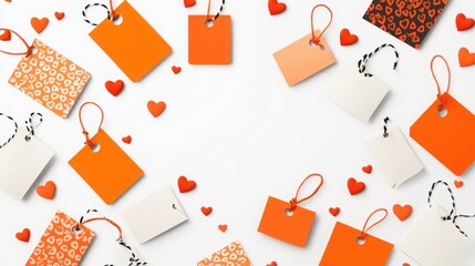 Colorful tags and red hearts are scattered on a white background, creating a vibrant, decorative layout ideal for gifts and celebrations.