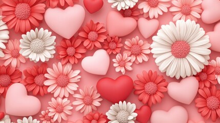Obraz premium A vibrant arrangement of pink and red hearts and flowers, creating a romantic and cheerful atmosphere.