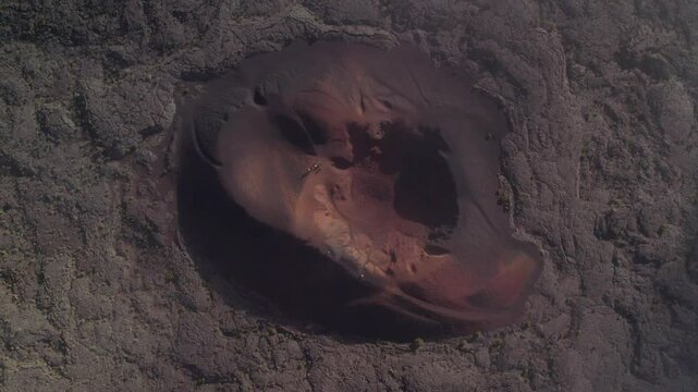 Aerial view by drone of the Piton de la Fournaise, the Dolomieu crater, the Formica L&eacute;o volcanic cone and the Chapelle de Rosemont in the Fouqu&eacute; enclosure, Reunion Island
