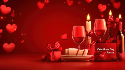 A romantic Valentine's Day setting with red hearts, candles, wine glasses, and gifts, creating a warm and festive atmosphere.