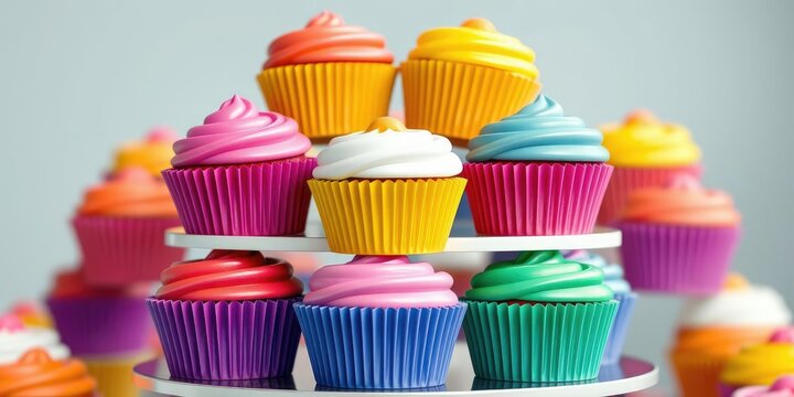 A stack of colorful cupcakes with thin lines separating each one arranged on a tiered stand, decorations, desserts