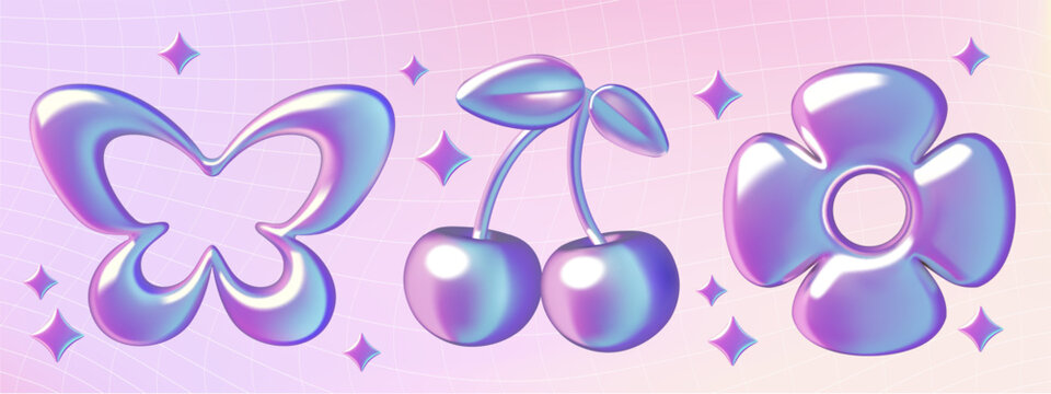 Holographic y2k spring and summer emoji set. Flower, butterfly, cherry and stars three dimensional metallic blue and purple vector elements on gradient checkered background.