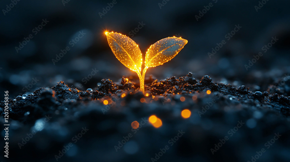 Aufkleber a macro shot of a young sprout emerging from dark soil. the sprout is illuminated from the inside wi