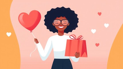 A cheerful woman with curly hair holds a heart-shaped balloon and a gift, surrounded by small hearts, celebrating love and joy.