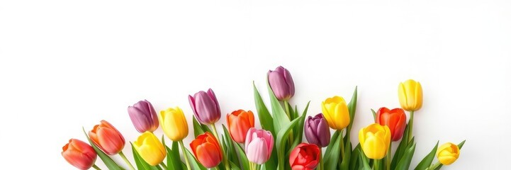 Naklejka premium a stunning display of colorful tulips against a bright white backdrop, vibrant colors, spring flowers, garden flowers