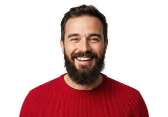 Obraz premium Portrait of a cheerful man with a beard wearing a red sweater, isolated on white background