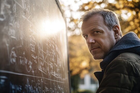 A man contemplates complex equations scribbled on a chalkboard, bathed in autumnal sunlight. - Powered by Adobe
