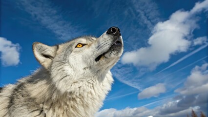 Naklejka premium A timber wolf's face looking up at a clear winter sky, animal gaze, wildlife photography, winter sky