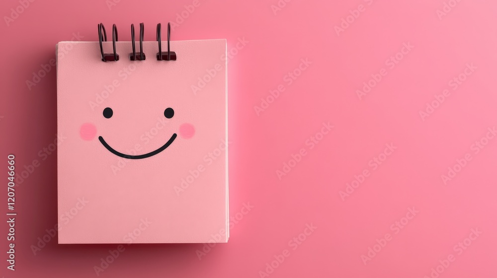 Poster cute pink notepad with a smiling face design creating a cheerful and happy vibe, perfect for notes a
