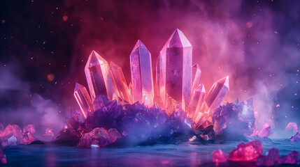Fototapeta premium Colorful crystal formations glowing on a mystical island at night. Generative AI