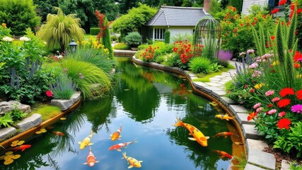 Fototapeta premium A tranquil pond with colorful koi fish glides through a winding path lined with lush greenery and vibrant flowers in the cottage garden, flowers, koi fish, trees