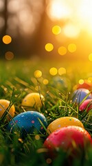 Colorful Easter eggs nestled in dewy grass at sunset.