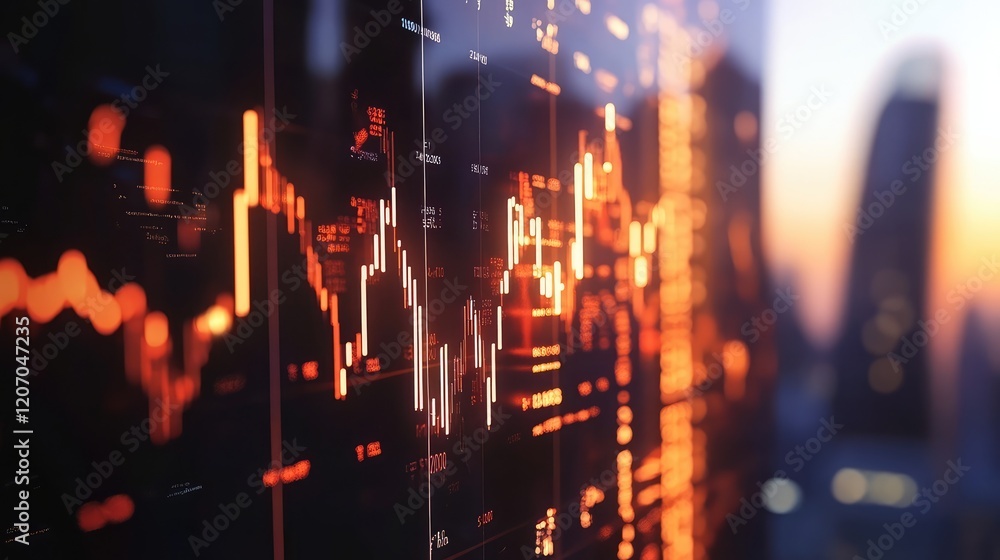Poster a conceptual digital display of currency symbols with glowing graphs, representing global investment