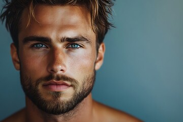 Obraz premium Handsome Man Close-Up Blue Eyes Teal Background