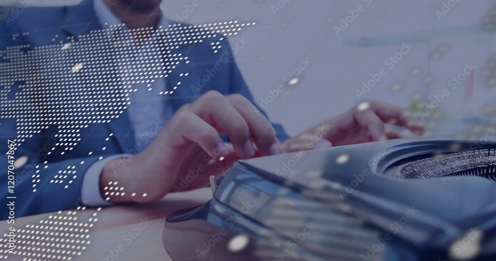 Poster image of globe and data processing over caucasian man using laptop in office