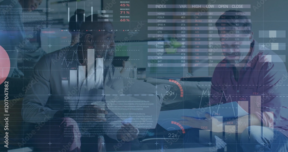 Poster image of financial data processing over diverse colleagues discussing work in office