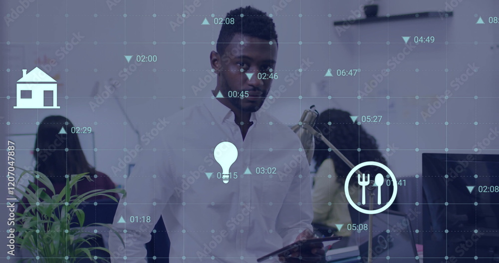 Aufkleber image of media icons and data processing over diverse colleagues working in office