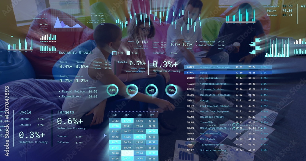 Aufkleber image of diagrams and data processing over diverse colleagues talking in office