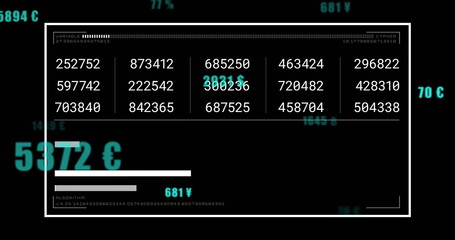 Image of data processing over currency symbols and diagrams