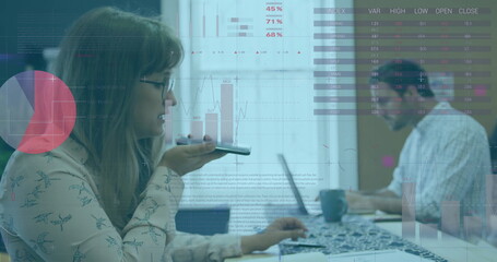 Image of financial data processing over diverse colleagues working in office