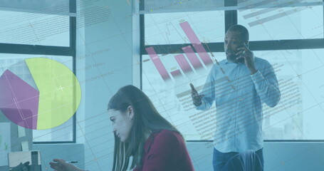 Image of financial data processing over diverse colleagues working in office