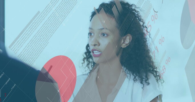 Image of financial data processing over diverse colleagues discussing work in office