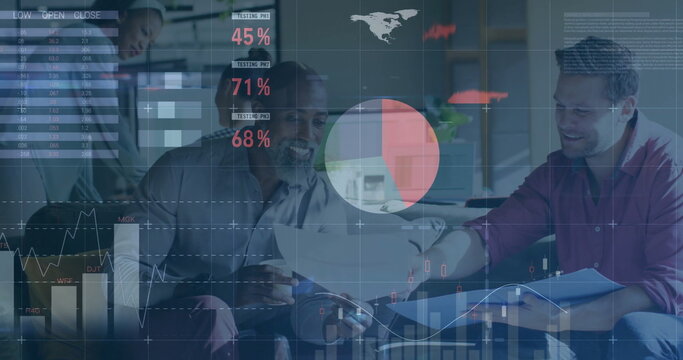 Image of financial data processing over diverse colleagues discussing work in office