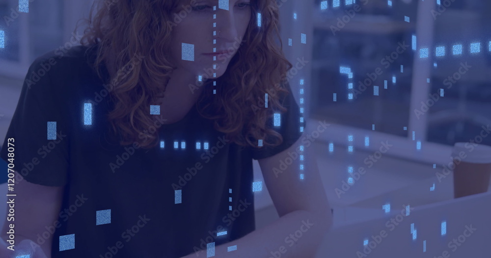 Poster image of data processing over caucasian businesswoman using computer in office