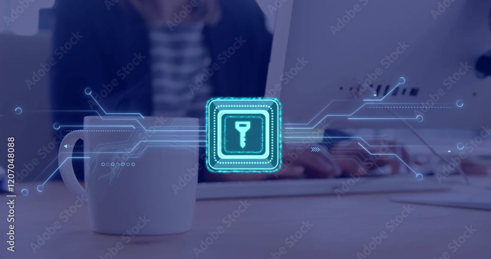 Poster image of key icon and data processing over caucasian businesswoman using computer in office