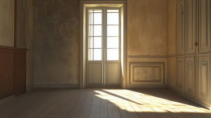 Empty door opened light. Light shining through open door 3D realistic Illustration