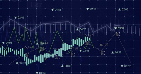 Image of financial data processing and statistics over dark background