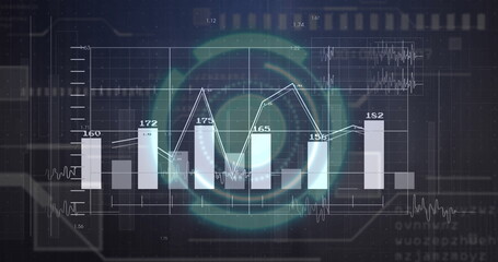 Image of financial data processing and statistics over dark background
