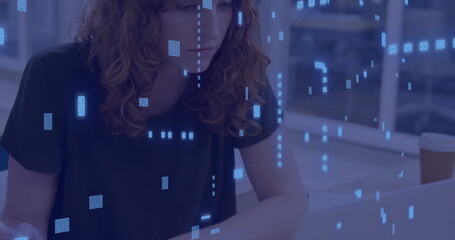 Image of data processing over caucasian businesswoman using computer in office