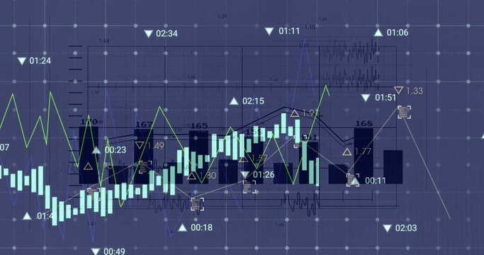 Image of financial data processing and statistics over dark background