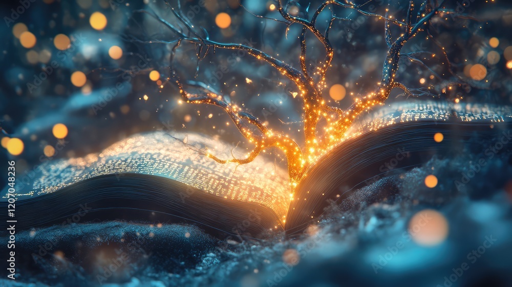 Poster a conceptual glowing neural network visualizing text morphing into detailed images in a high-tech di