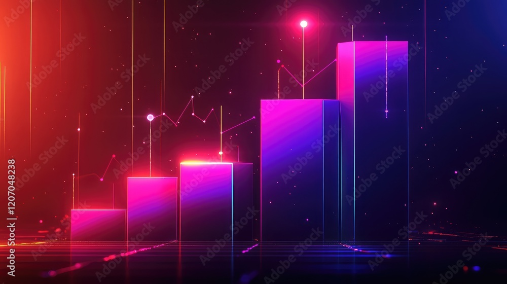 Poster a conceptual glowing bar graph with abstract data points and investment-related symbols, showing fin