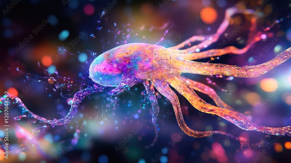 Poster a conceptual glowing neural network visualizing text morphing into detailed images in a high-tech di