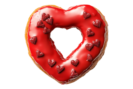 Heart shaped donut decorated with red glaze and sprinkles isolated on white transparent background. Symbol of love and Valentine's Day treats
