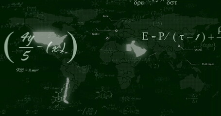 Image of mathematical equations and chemical formula over world map on black background
