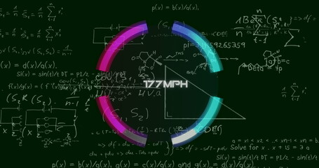 Image of speedometer pver mathematical equations on black background