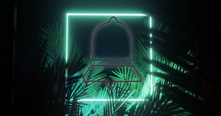 Image of neon bell icon over leaves on black background
