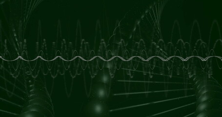 Image of spirals over dna strand on black background