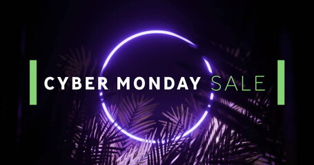Image of cyber monday sale text over glowing leaves neon background
