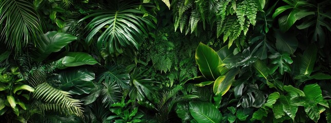 Fototapeta premium A lush, green tropical forest background with various leaves and plants