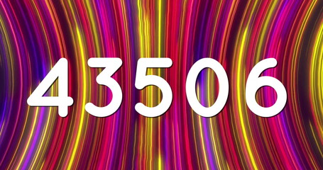 Image of numbers processing over glowing light trails background
